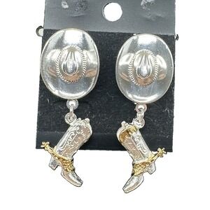 1 1/2 In. Dangle Boots With Golden Spurs and Silver Tone Cowboy Hat Earrings